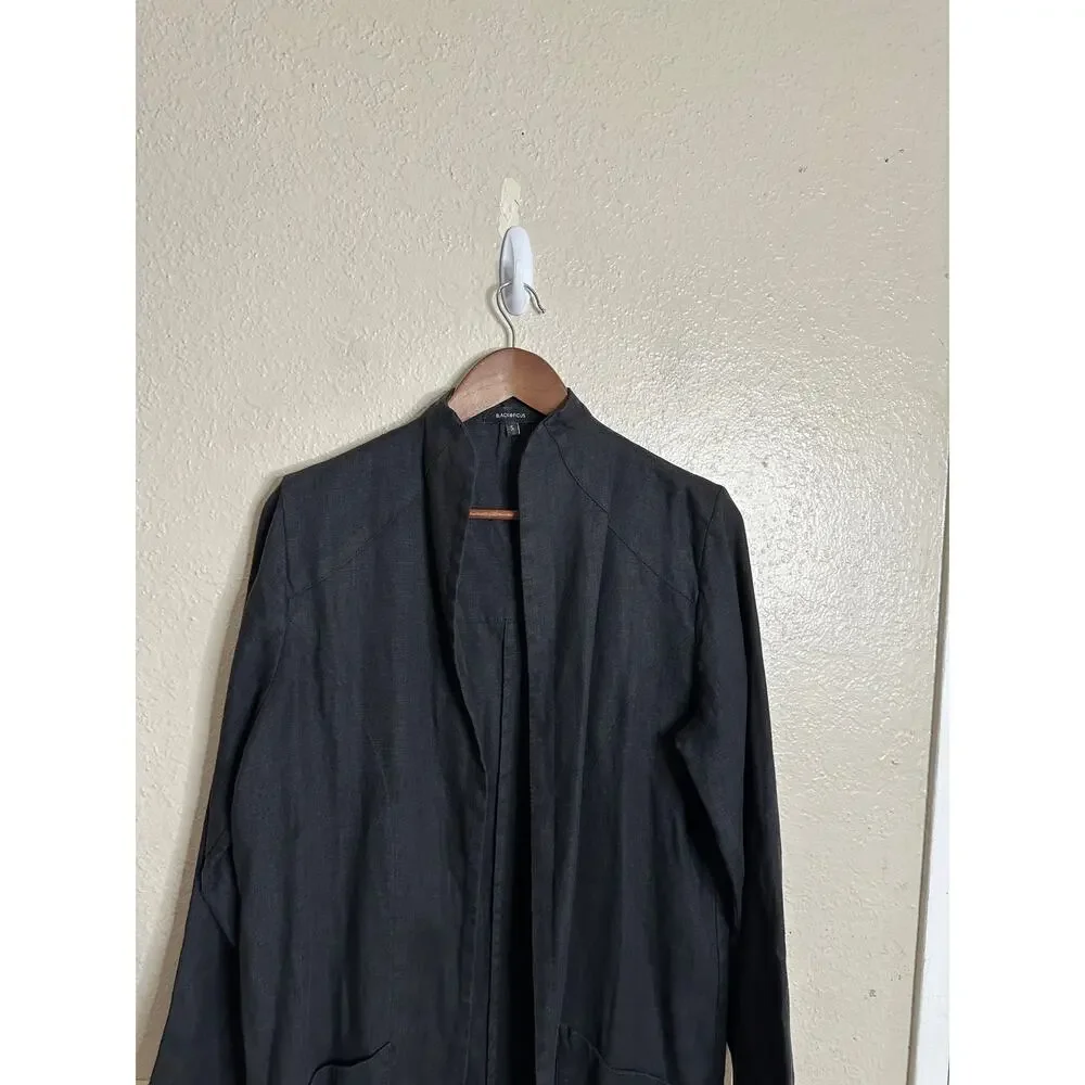 Black Ficus Linen Trench Almond in Black Mens S Longline Duster Open Front
